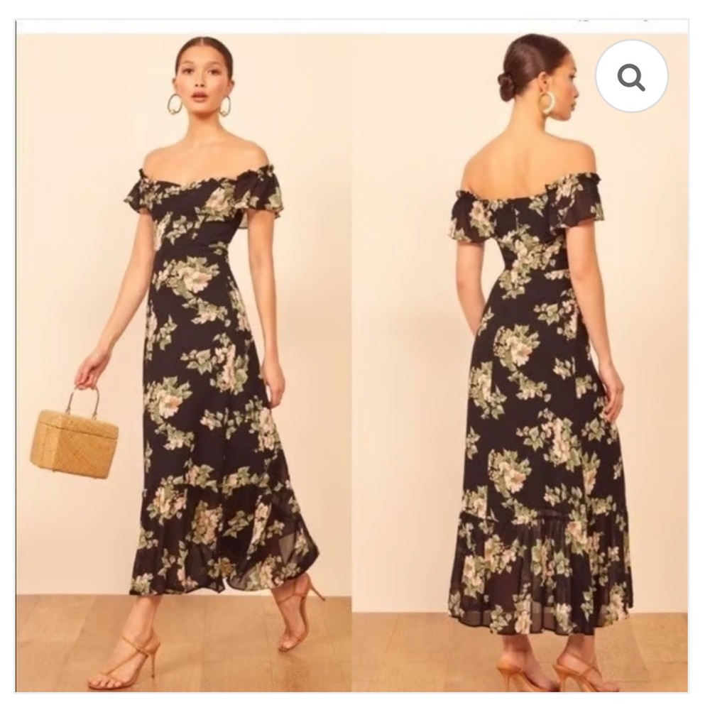 Reformation Butterfly Floral Off-Shoulder Midi Dress